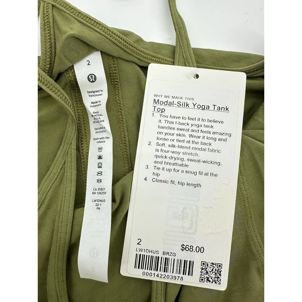 Lululemon Modal Silk Blend Yoga Tank‎ Top Sz 2 Green Open Back Athletic Flowy